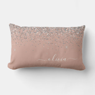 Coussin Rectangle Monogramme de Parties scintillant en argent rose v