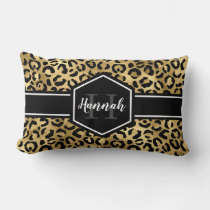 Coussin Rectangle Monogramme de points de léopard noir or