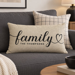 Coussin Rectangle Monogramme de script de cœur de famille en lin rus
