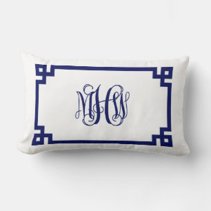 Coussin Rectangle Monogramme de vigne à clé grecque Navy blanc en sc