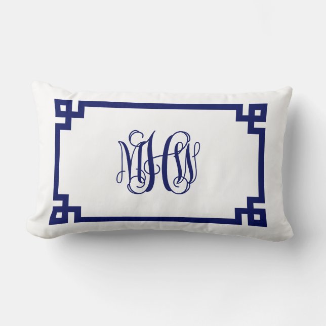 Coussin Rectangle Monogramme de vigne à clé grecque Navy blanc en sc (Recto)