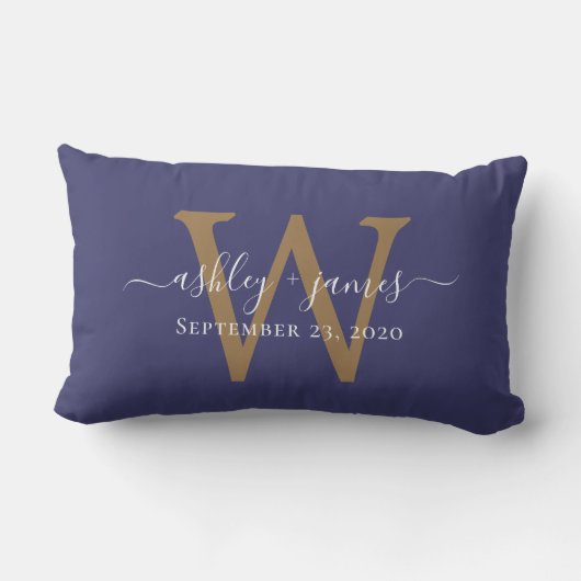 Coussin Rectangle Monogramme d'or Mariage Date Marine Bleu (Verso)