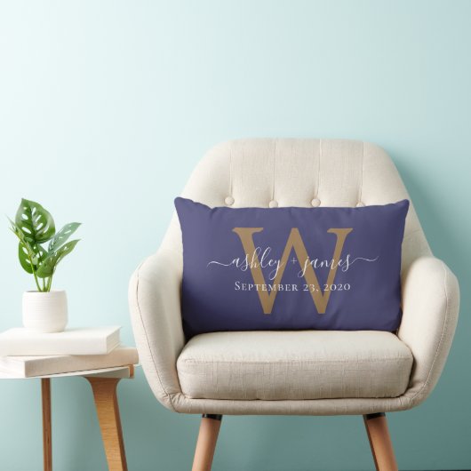 Coussin Rectangle Monogramme d'or Mariage Date Marine Bleu (Chaise)