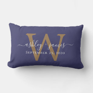 Coussin Rectangle Monogramme d'or Mariage Date Marine Bleu