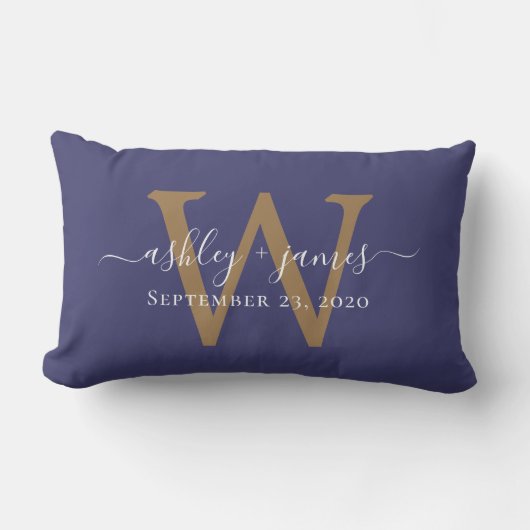 Coussin Rectangle Monogramme d'or Mariage Date Marine Bleu (Recto)