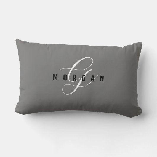 Coussin Rectangle Monogramme élégant blanc écriture et nom noir, Gri (Verso)
