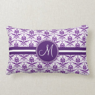 Coussin Rectangle Monogramme Elegant Vintage pourpre et blanc Damas