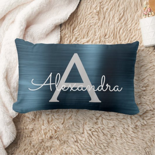 Coussin Rectangle Monogramme en acier inoxydable bleu de luxe Nom (Couverture)