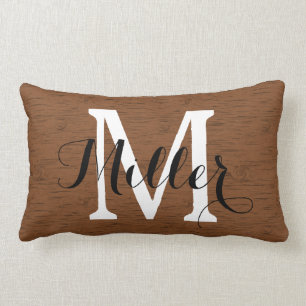 Coussin Rectangle Monogramme en bois foncé rustique de grain