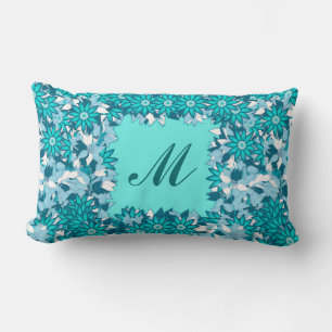 Coussin Rectangle Monogramme encadré de fleurs - bleu et blanc