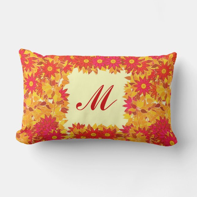 Coussin Rectangle Monogramme encadré de fleurs - rouge et or (Recto)