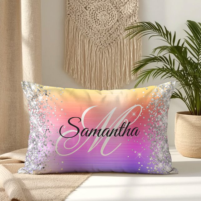 Coussin Rectangle Monogramme fantaisie pailleté argent arc-en-ciel (Silver Glitter Rainbow Foil Fancy Monogram Lumbar Pillow)