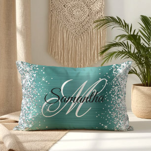 Coussin Rectangle Monogramme fantaisie pailleté argenté aqua sarcell