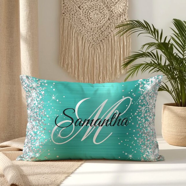Coussin Rectangle Monogramme fantaisie pailleté argenté turquoise br (Silver Glitter Shiny Turquoise Foil Fancy Monogram Lumbar Pillow)