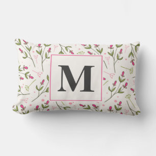 Coussin Rectangle Monogramme Fleur sauvage rose et vert à longue tig
