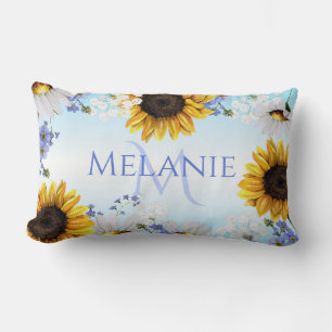 Coussin Rectangle Monogramme Fleurs de Tournesol Jaune Bleu