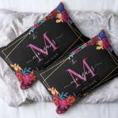 Coussin Rectangle Monogramme Floral Moderne Mariage Noir