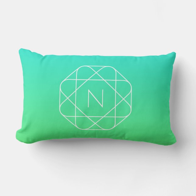 Coussin Rectangle Monogramme géométrique cool | Dégradé bleu et vert (Recto)