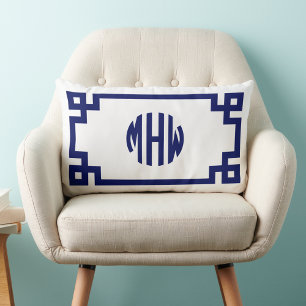 Coussin Rectangle Monogramme grec clé cercle bleu marine blanc DIY B