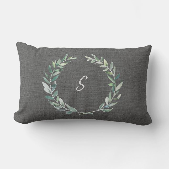 Coussin Rectangle Monogramme gris de toile de jute de guirlande (Recto)