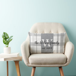 Coussin Rectangle monogramme gris et blanc plaid personnalisé