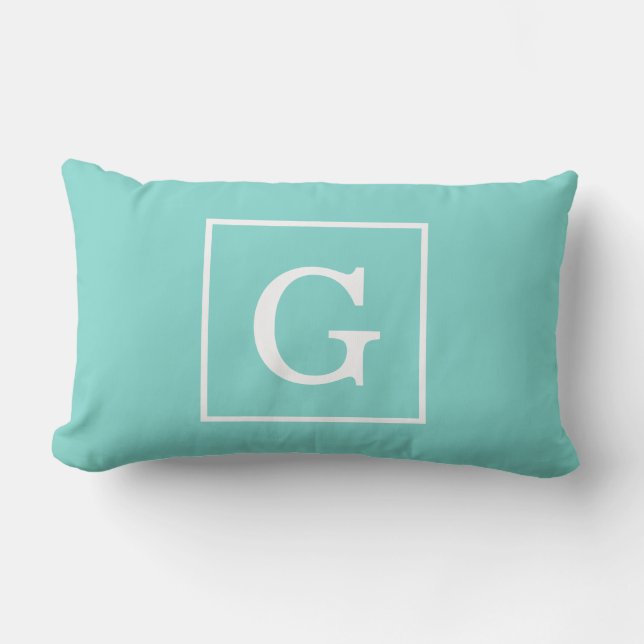 Coussin Rectangle Monogramme Initial Cadre Blanc Turquoise Aqua (Recto)