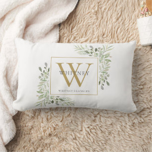 Coussin Rectangle Monogramme Initial Doré Floral Moderne de Verdure