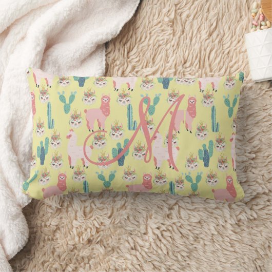 Coussin Rectangle Monogramme initiale rose jaune lama pour sa nurser (Couverture)