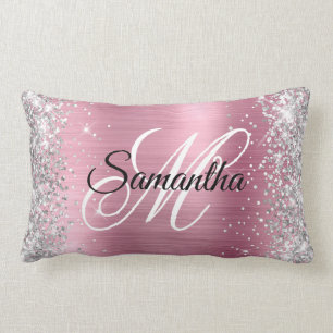 Coussin Rectangle Monogramme joli rose pailleté argent