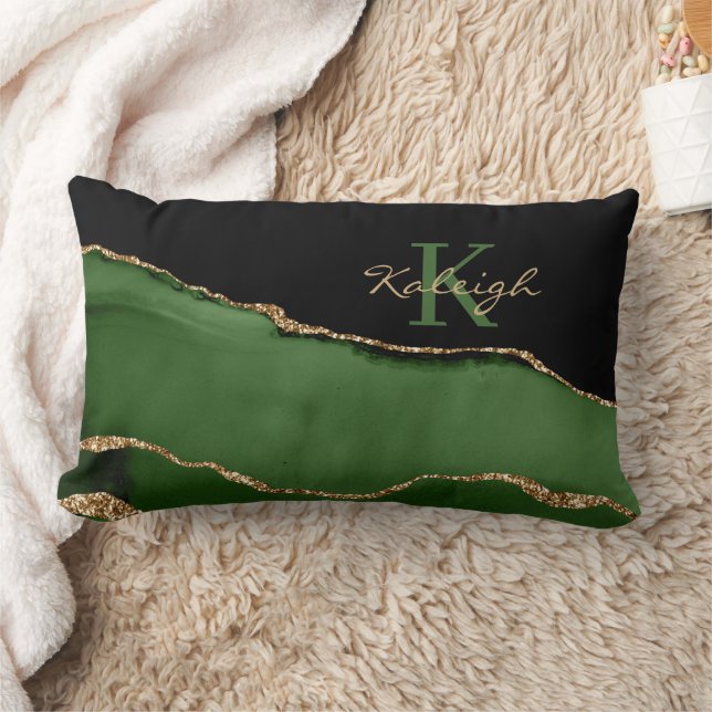 Coussin Rectangle Monogramme Marbre Or Pailleté Vert Noir Élégant (Couverture)