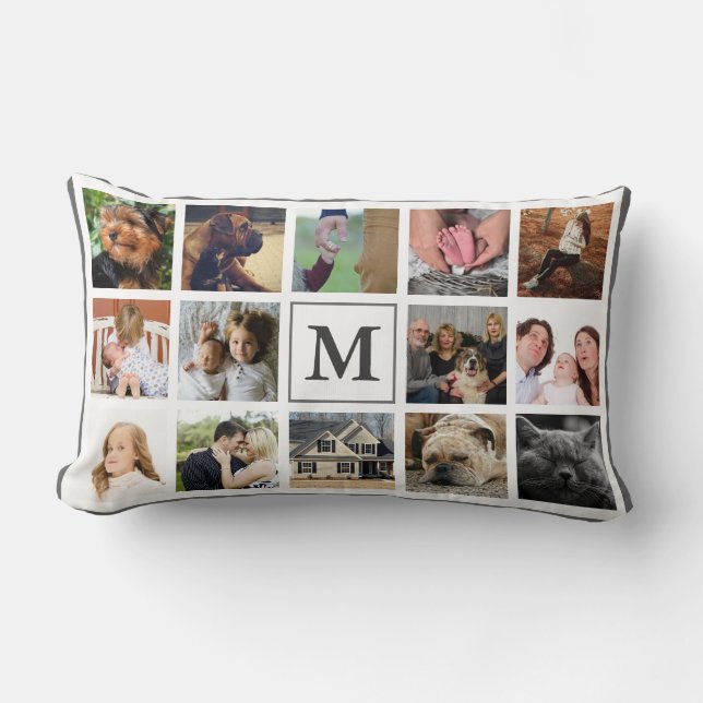 Coussin Rectangle Monogramme moderne et nom de famille de 14 photos (Recto)
