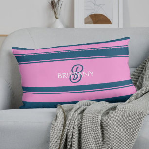 Coussin Rectangle Monogramme Motif de bandes bleu et rose