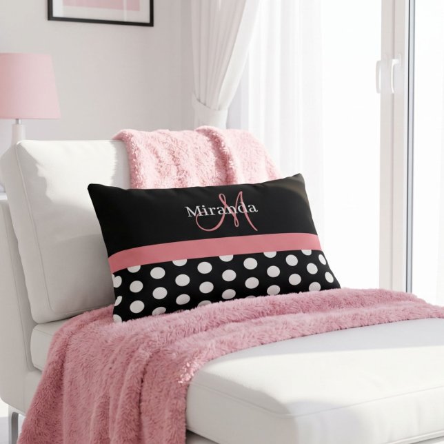 Coussin Rectangle Monogramme noir blanc rose écriture pois (Créateur téléchargé)
