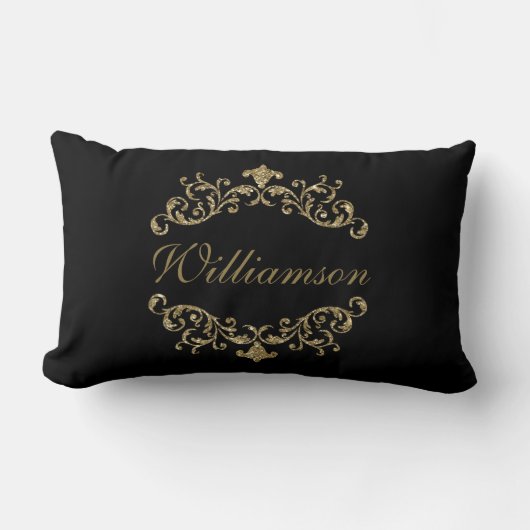 Coussin Rectangle Monogramme noir or pailleté Flourish Damask Orné (Recto)