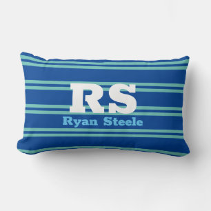 Coussin Rectangle Monogramme & nom en gras, Lt Lignes Turquoises sur