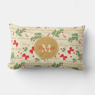 Coussin Rectangle Monogramme Nom personnalisé Festive Joyeux Noël