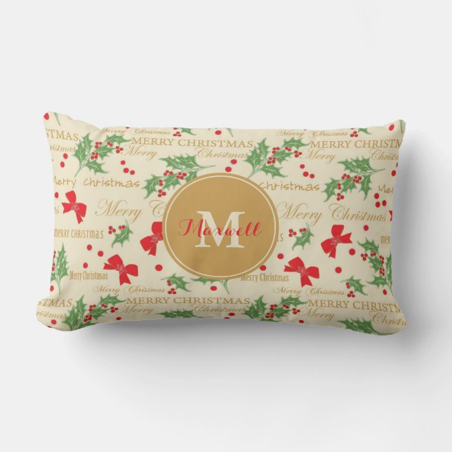 Coussin Rectangle Monogramme Nom personnalisé Festive Joyeux Noël (Recto)