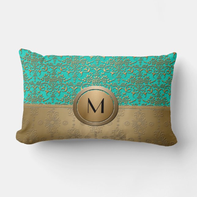 Coussin Rectangle Monogramme Or et Vert Turquoise Damassé (Recto)