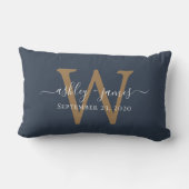 Coussin Rectangle Monogramme or Mariage Date Bleu foncé (Verso)