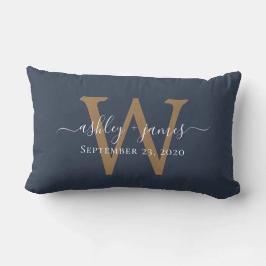 Coussin Rectangle Monogramme or Mariage Date Bleu foncé (Verso)