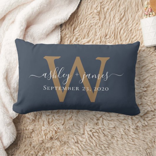 Coussin Rectangle Monogramme or Mariage Date Bleu foncé (Couverture)
