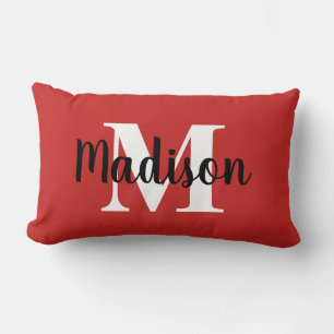Coussin Rectangle Monogramme personnalisé de couleur modifiable roug