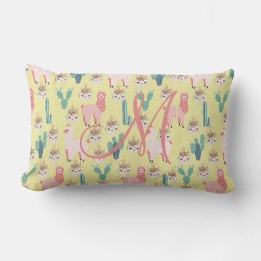 Coussin Rectangle Monogramme Pink Yellow Llama Nursery pour elle (Recto)