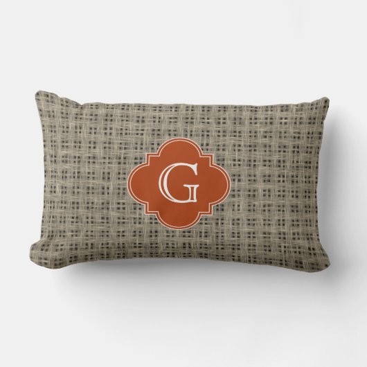 Coussin Rectangle Monogramme Quatrefeuilles Orange Brûlé Burlap Rust (Recto)