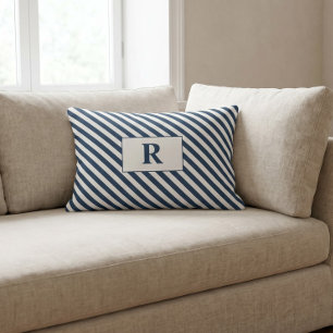 Coussin Rectangle Monogrammé rayures bleues et blanches