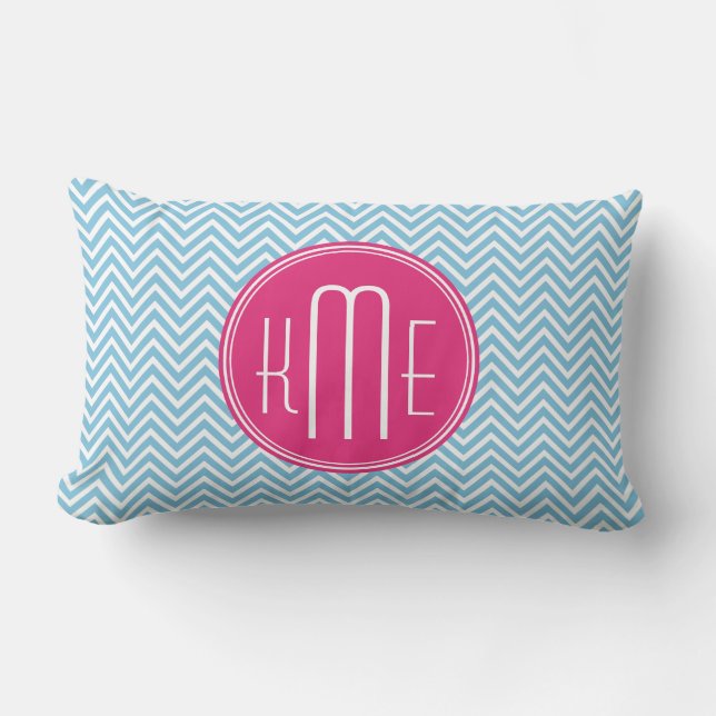 Coussin Rectangle Monogramme rose magenta avec Chevron bleu clair (Recto)