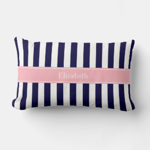Coussin Rectangle Monogramme Rose Rayure Bleu Marine Blanc Nom