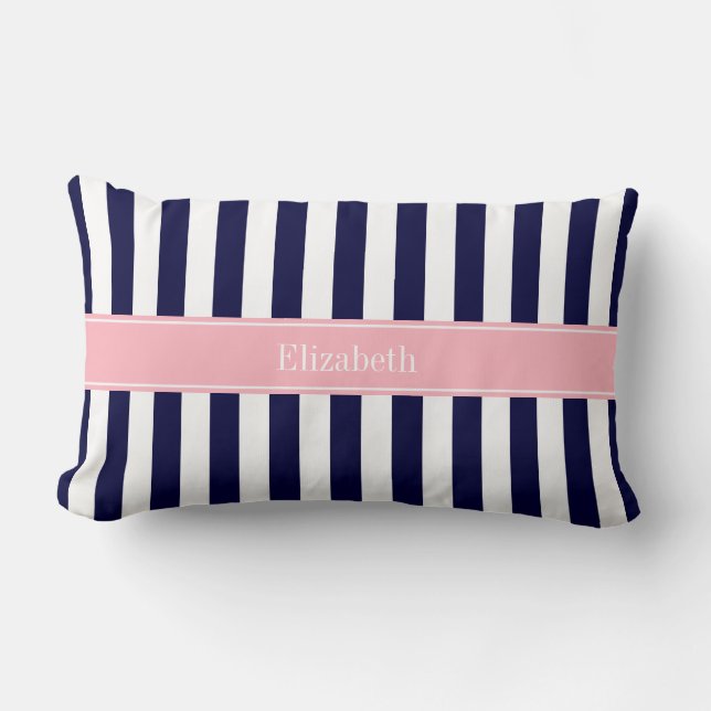 Coussin Rectangle Monogramme Rose Rayure Bleu Marine Blanc Nom (Recto)