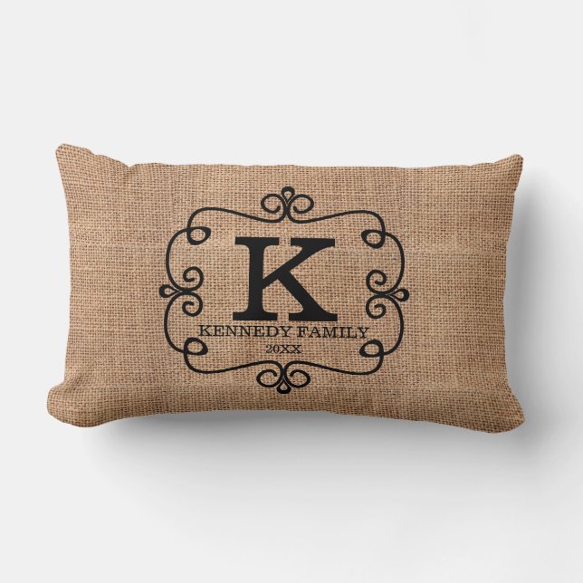 Coussin Rectangle Monogramme rustique de nom de famille de toile de (Recto)