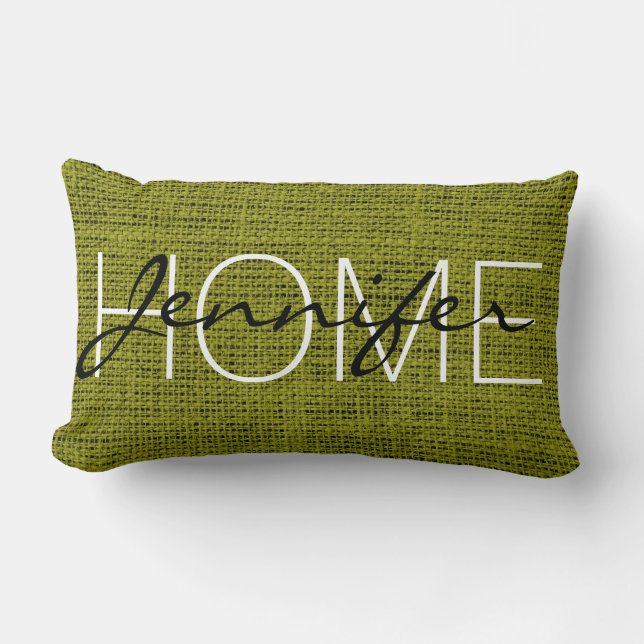 Coussin Rectangle Monogramme rustique olive de toile de jute (Recto)